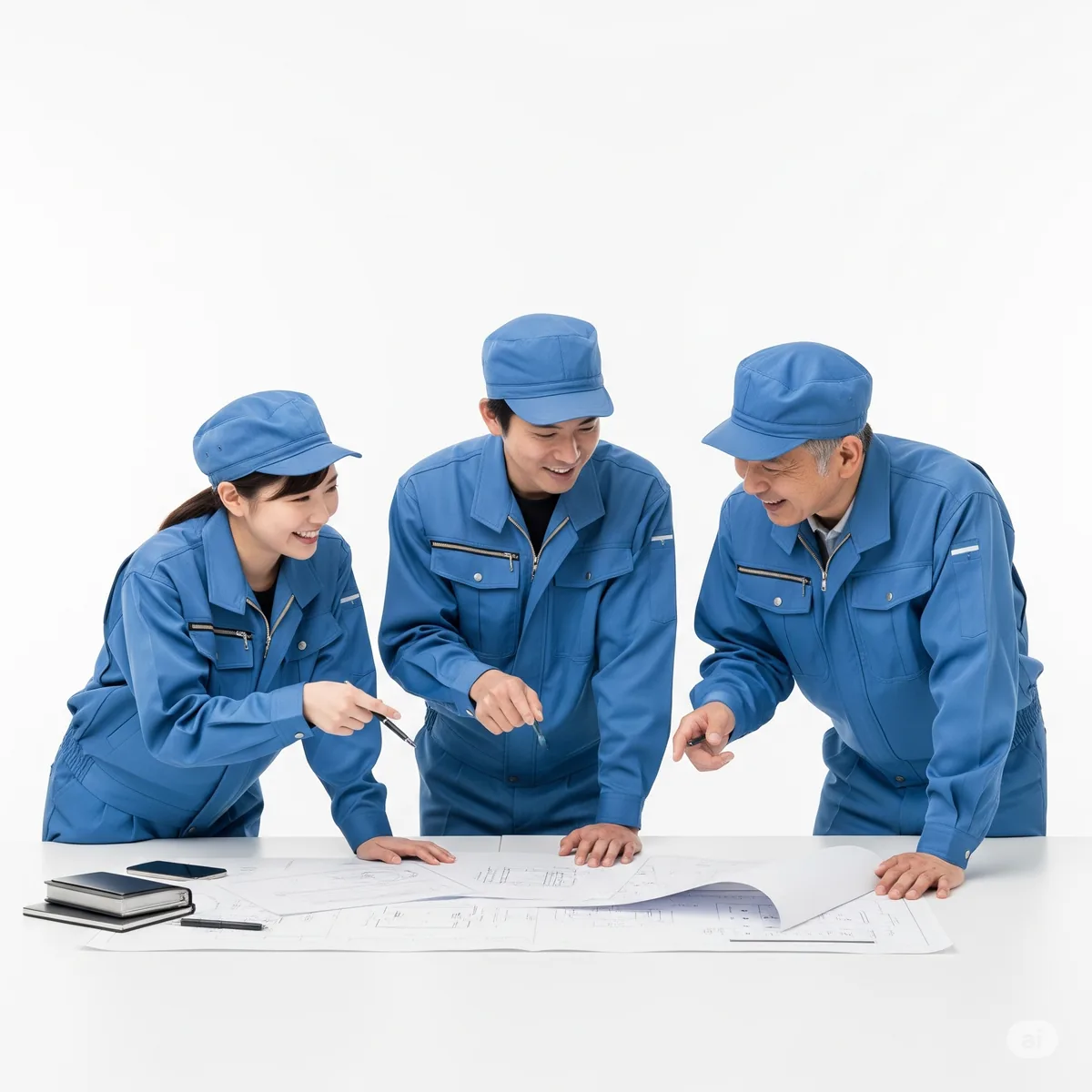 Three workers in blue uniforms planning together over floor plans